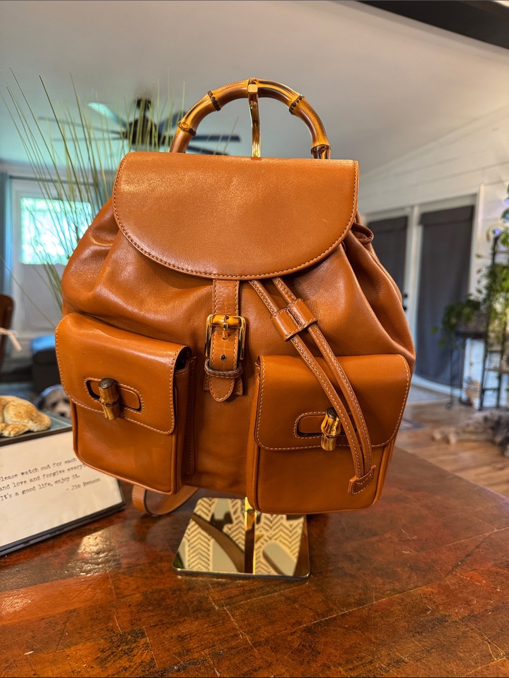 🩵Gucci Vintage (1990s) Tan Leather Bamboo-Handle Backpack - Authentic